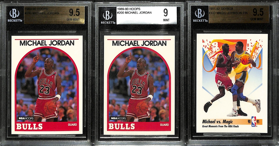 (3) BGS Graded Michael Jordan Cards - 1989-90 Hoops #200 (BGS 9.5 and 9.0) and 1991-92 Skybox #333 w. Magic Johnson  (BGS 9.5)